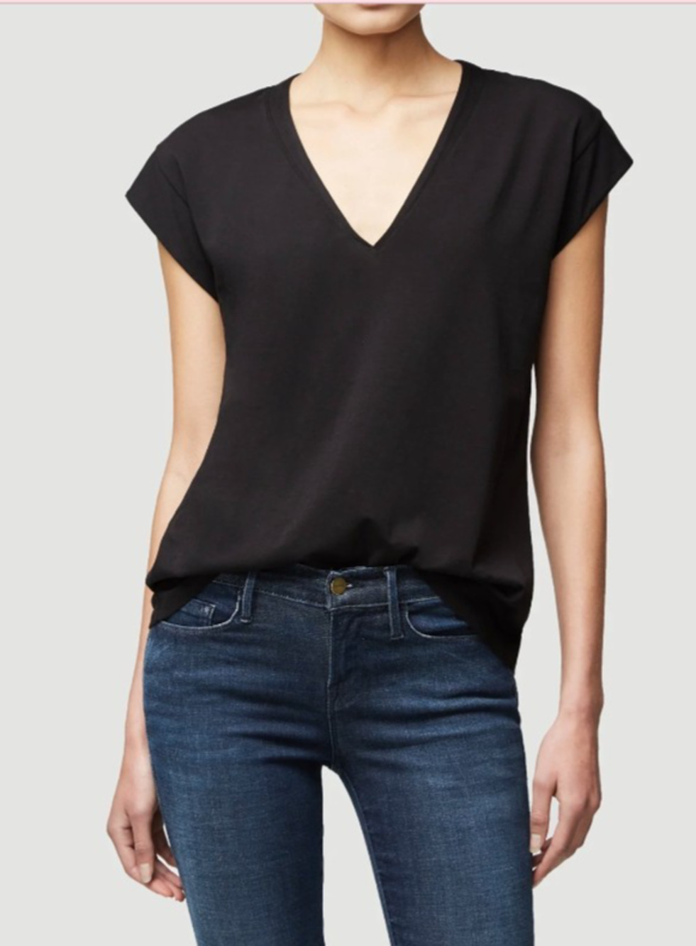 Frame Women Black Mid Rise V-Neck Cap Short Sleeve T-Shirt Top Organic Cotton L